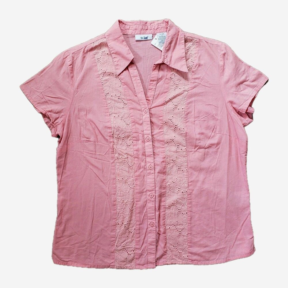 Ms. Lee Women's Shirt V-Neck Crochet Front See Through Lightweight Coral Large